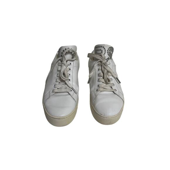 Michael Michael Kors Mindy Lace Up Leather Studded Logo White Sneakers Silver - Picture 2 of 8